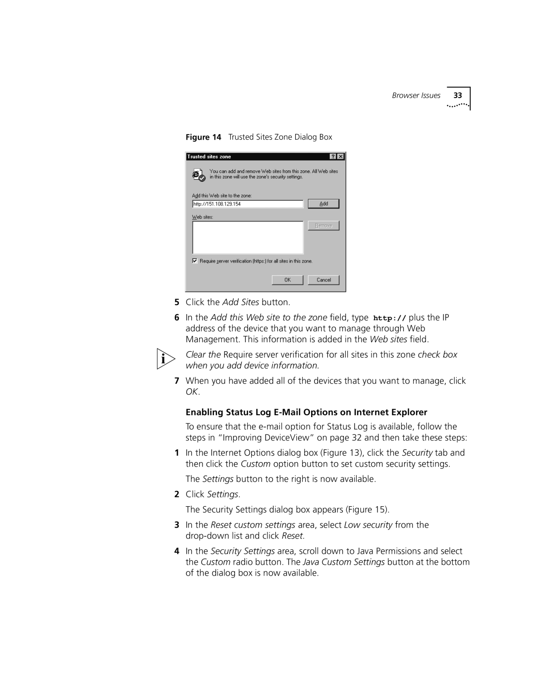 3Com 3900 manual Enabling Status Log E-Mail Options on Internet Explorer, Trusted Sites Zone Dialog Box 