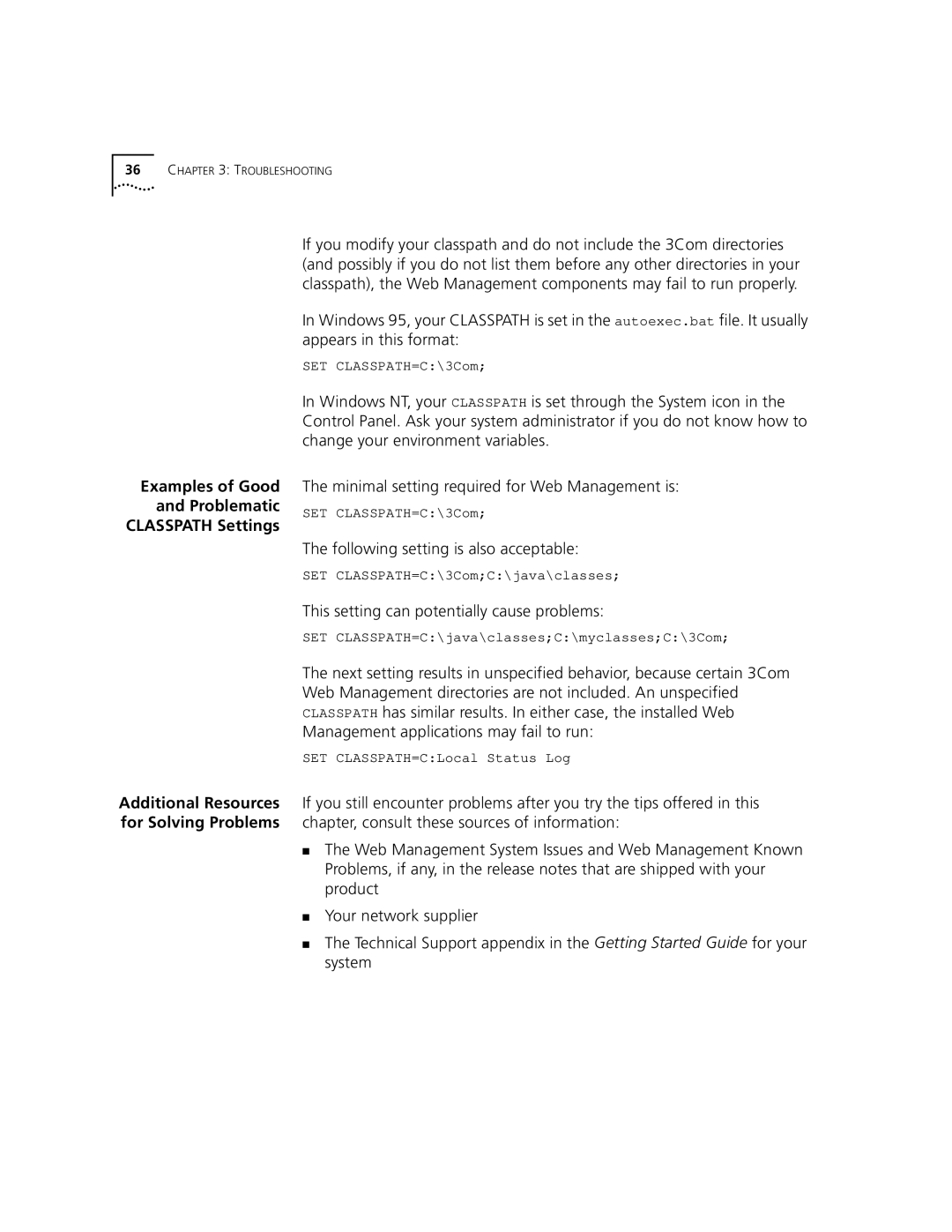 3Com 3900 manual Examples of Good Problematic Classpath Settings 