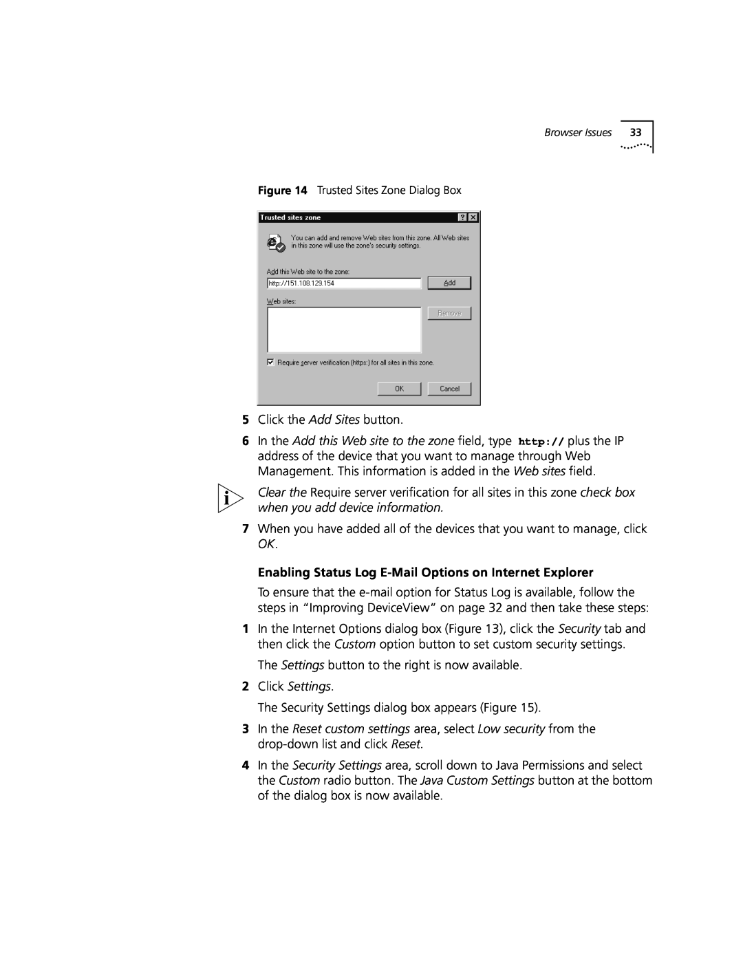 3Com 3900 manual Click Settings, Enabling Status Log E-Mail Options on Internet Explorer 