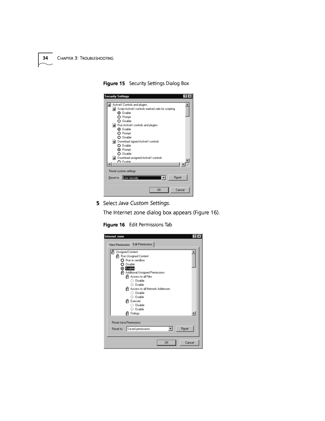 3Com 3900 manual Select Java Custom Settings, The Internet zone dialog box appears Figure, Troubleshooting 