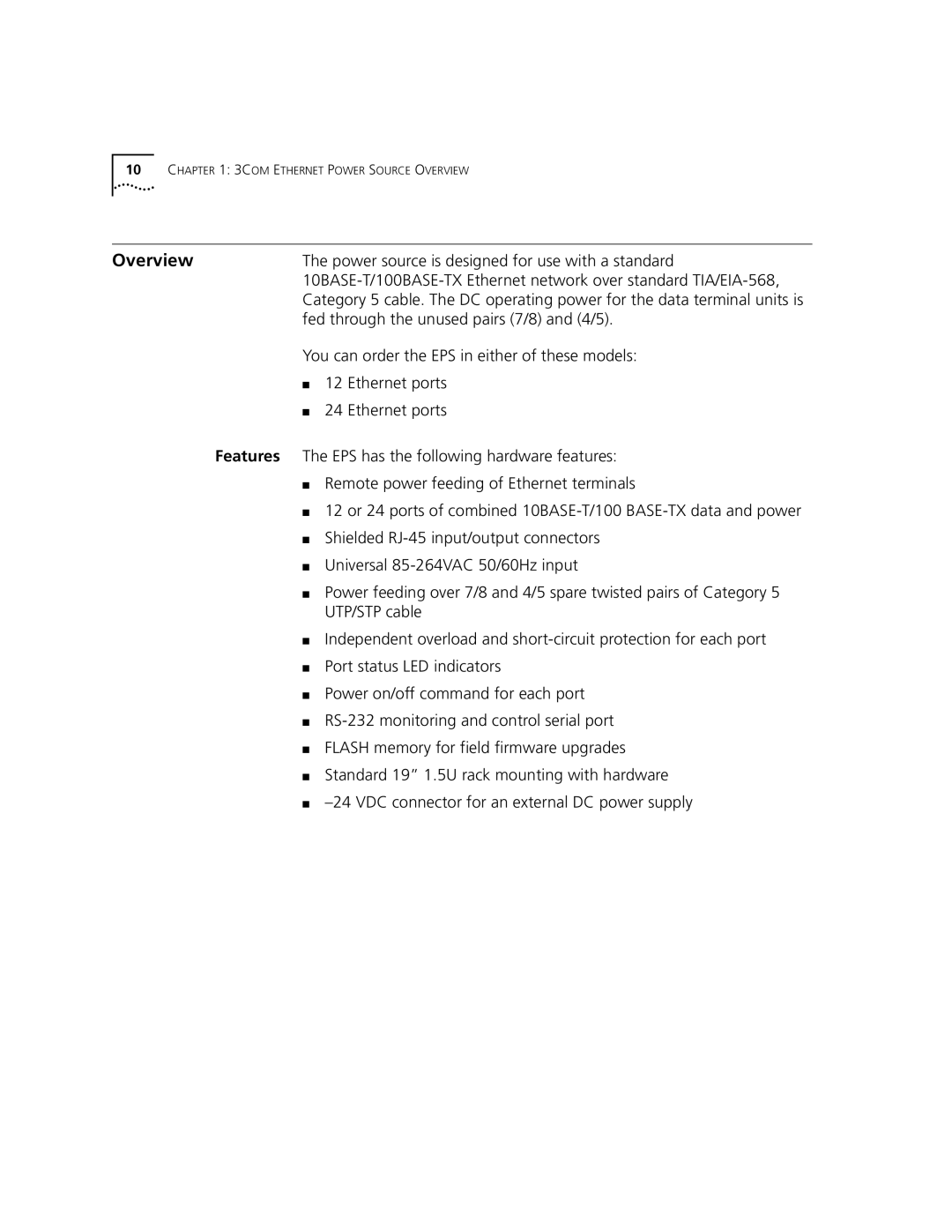 3Com 3C10220 manual Overview, Power source is designed for use with a standard, Fed through the unused pairs 7/8 and 4/5 