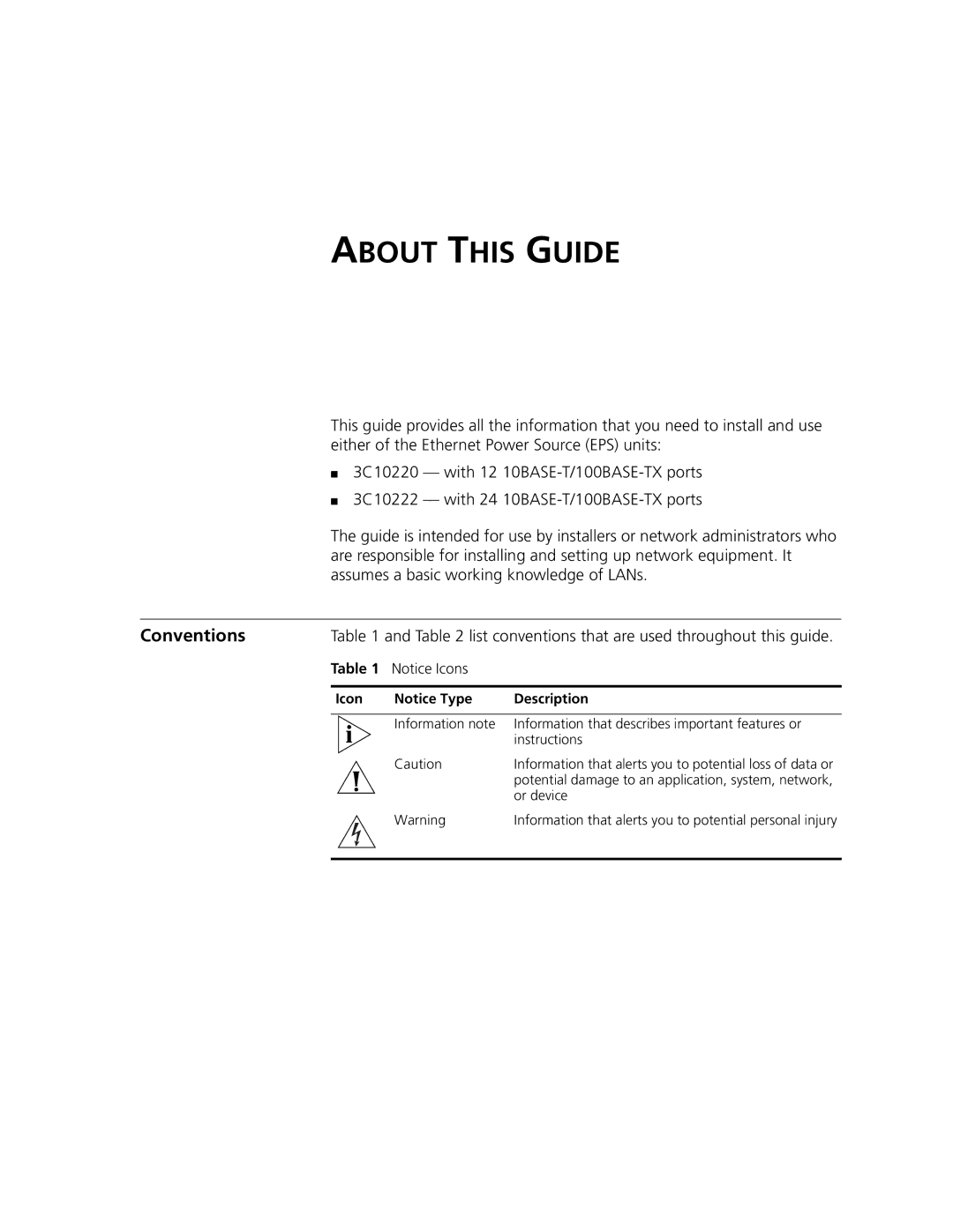 3Com 3C10220 manual About this Guide, Conventions, List conventions that are used throughout this guide 