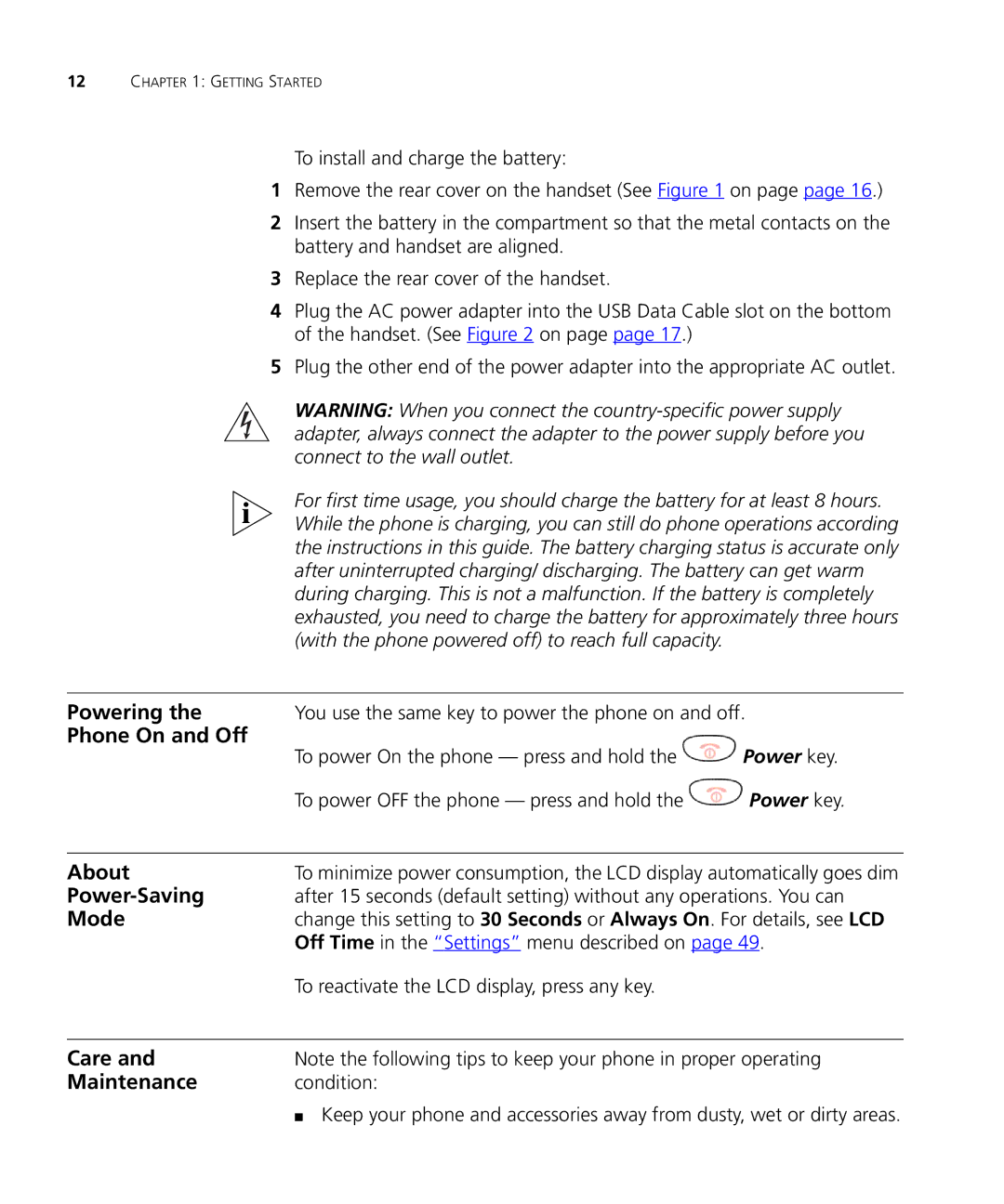 3Com 3C10408A manual Powering, Phone On and Off, About, Power-Saving, Mode, Care Maintenance 