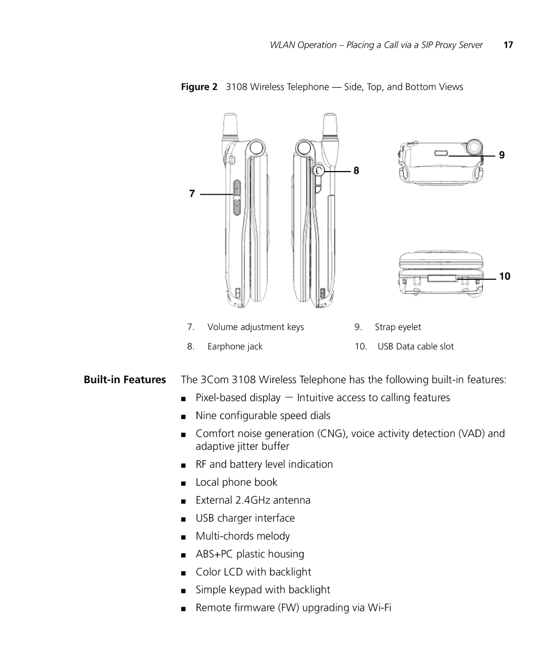 3Com 3C10408A manual Wireless Telephone Side, Top, and Bottom Views 