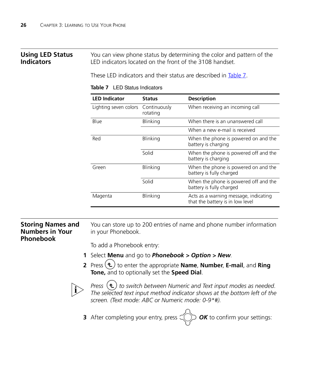 3Com 3C10408A manual Using LED Status, Indicators, Storing Names, Numbers in Your, Phonebook 