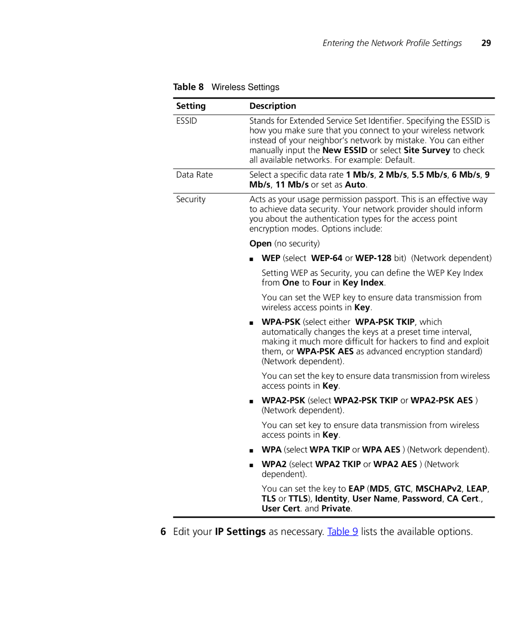 3Com 3C10408A manual Setting Description, WPA2 select WPA2 Tkip or WPA2 AES Network dependent 