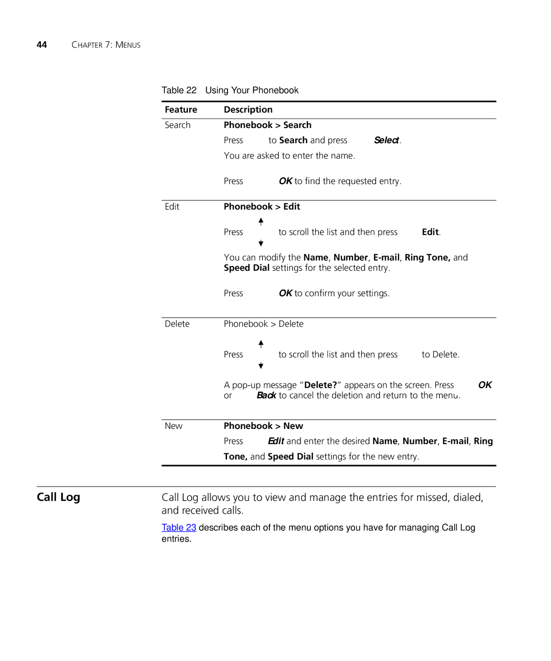 3Com 3C10408A manual Call Log, Received calls, Feature Description Search Phonebook Search, Edit Phonebook Edit 