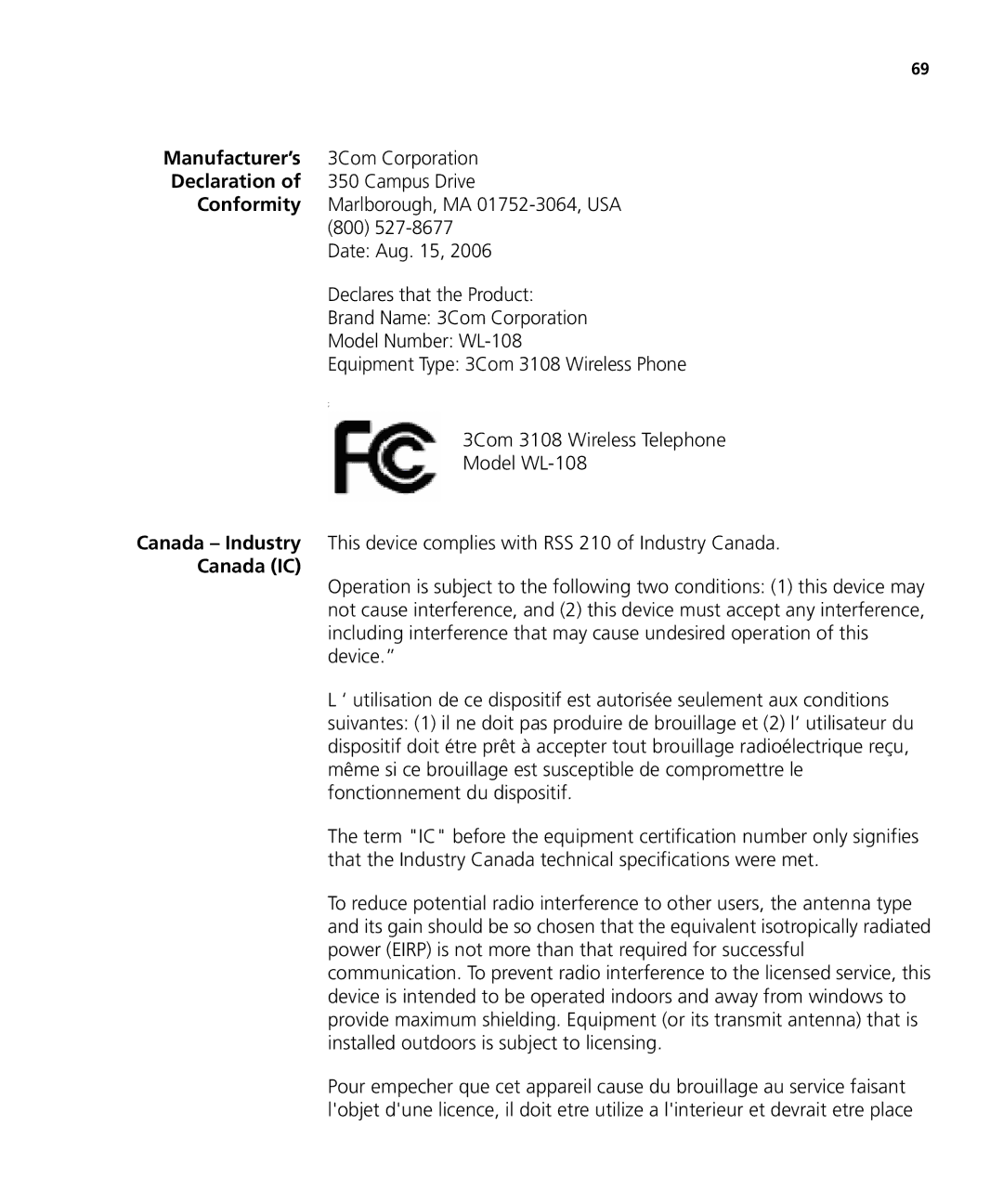 3Com 3C10408A manual Manufacturer’s, Declaration, Conformity, Canada IC 