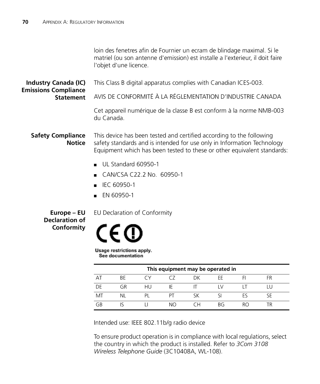 3Com 3C10408A Industry Canada IC Emissions Compliance Statement, Declaration Conformity, This equipment may be operated 