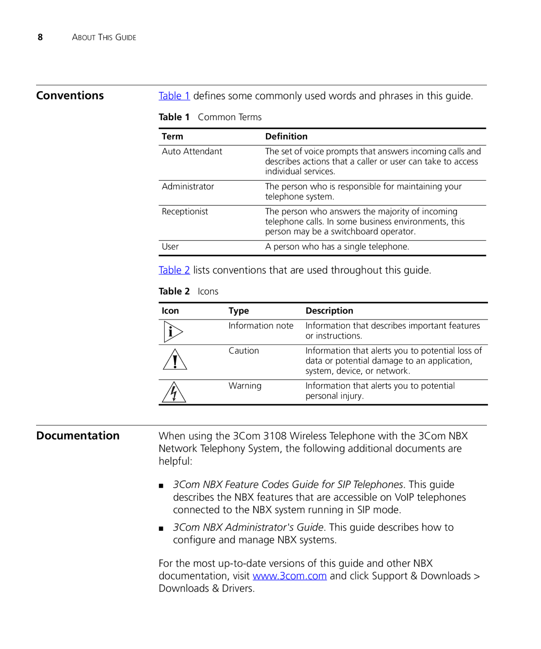 3Com 3C10408A Conventions, Lists conventions that are used throughout this guide, Term Definition, Icon Type Description 