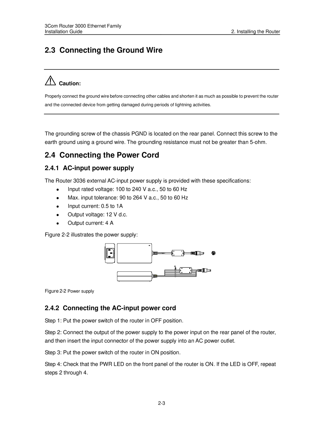 3Com 3C13636 manual Connecting the Ground Wire, Connecting the Power Cord, AC-input power supply 