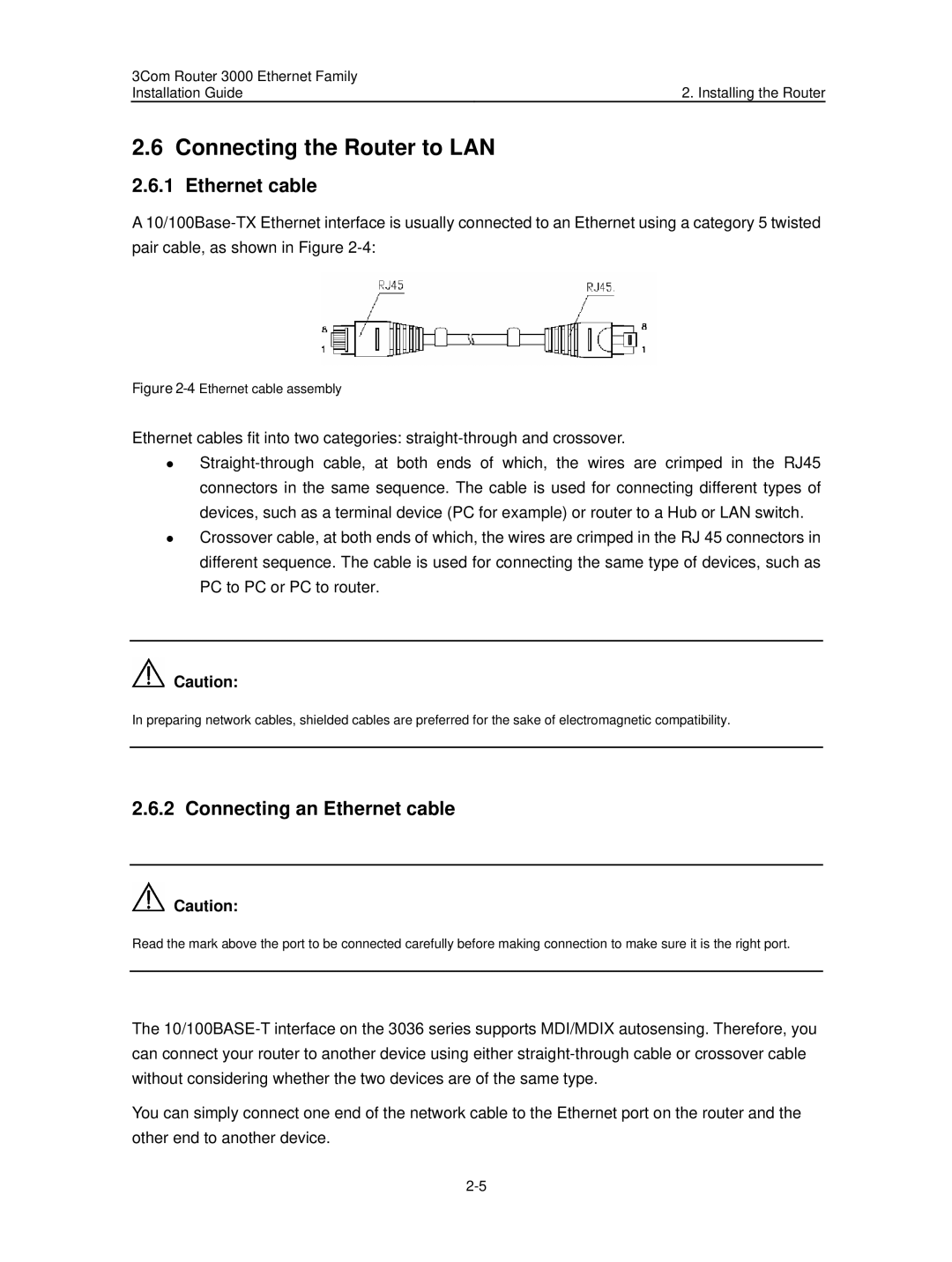 3Com 3C13636 manual Connecting the Router to LAN, Connecting an Ethernet cable 