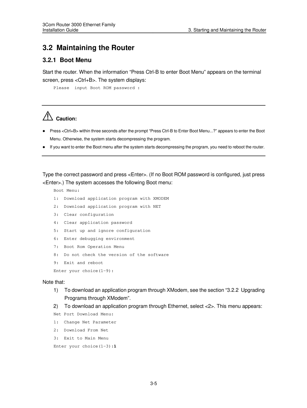 3Com 3C13636 manual Maintaining the Router, Boot Menu 