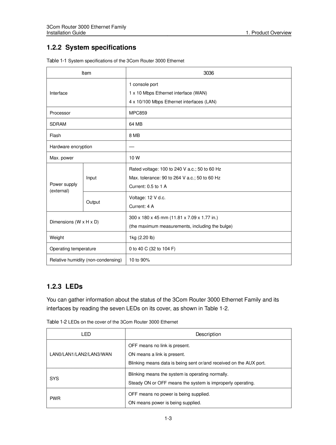 3Com 3C13636 manual System specifications, LEDs, 3036, Description 