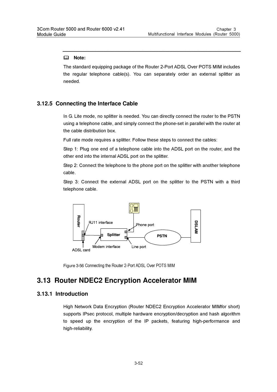 3Com 3C13701, 3C13759, 3C13880 Router NDEC2 Encryption Accelerator MIM, 56Connecting the Router 2-Port Adsl Over Pots MIM 