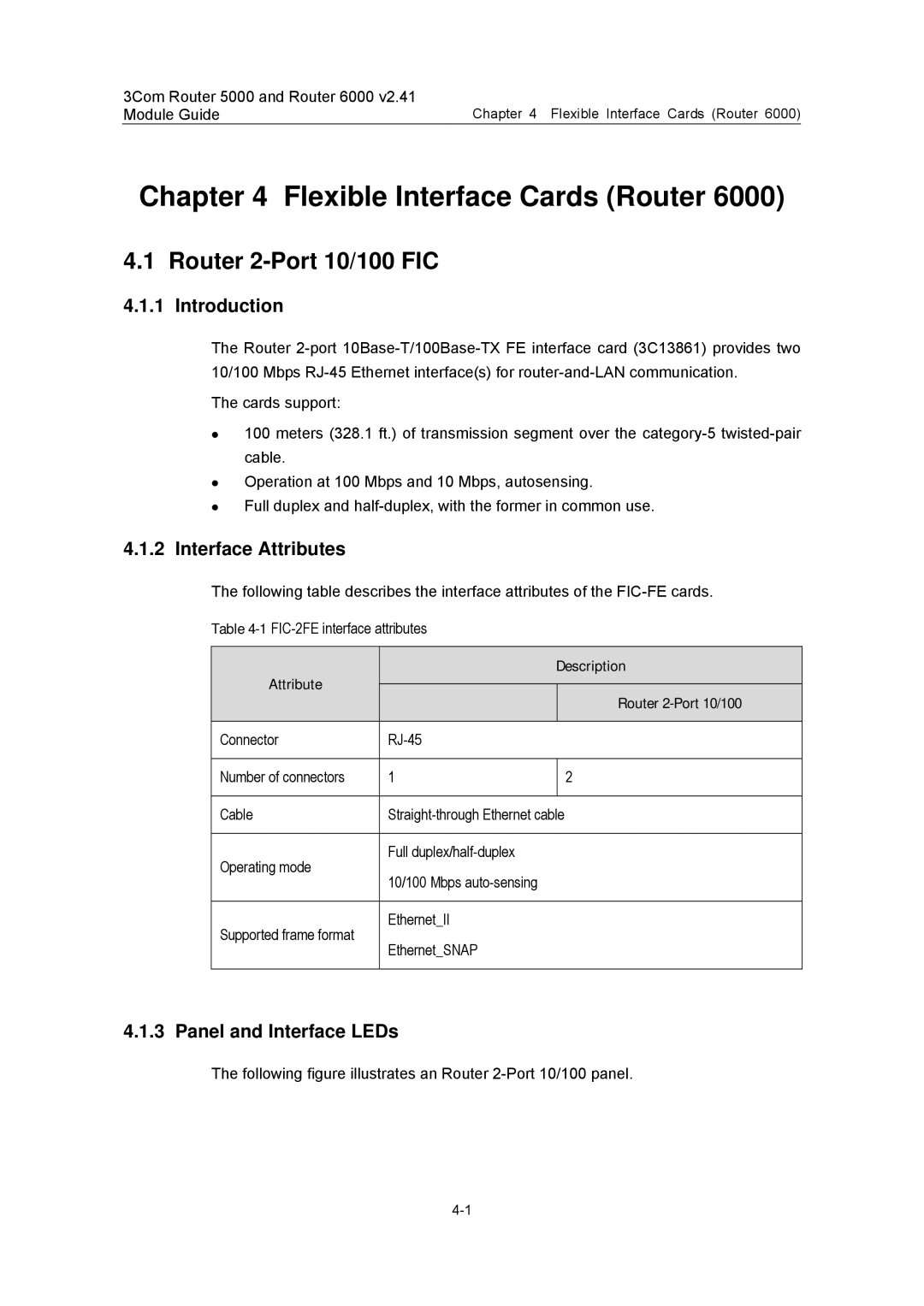 3Com 3C13840, 3C13759 manual Router 2-Port 10/100 FIC, Panel and Interface LEDs, Attribute Description Router 2-Port 10/100 