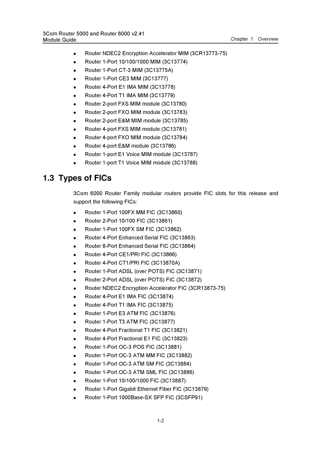 3Com 3C13701 3C13751 3C13755 3C13759 3C13840 3C13880 manual Types of FICs 