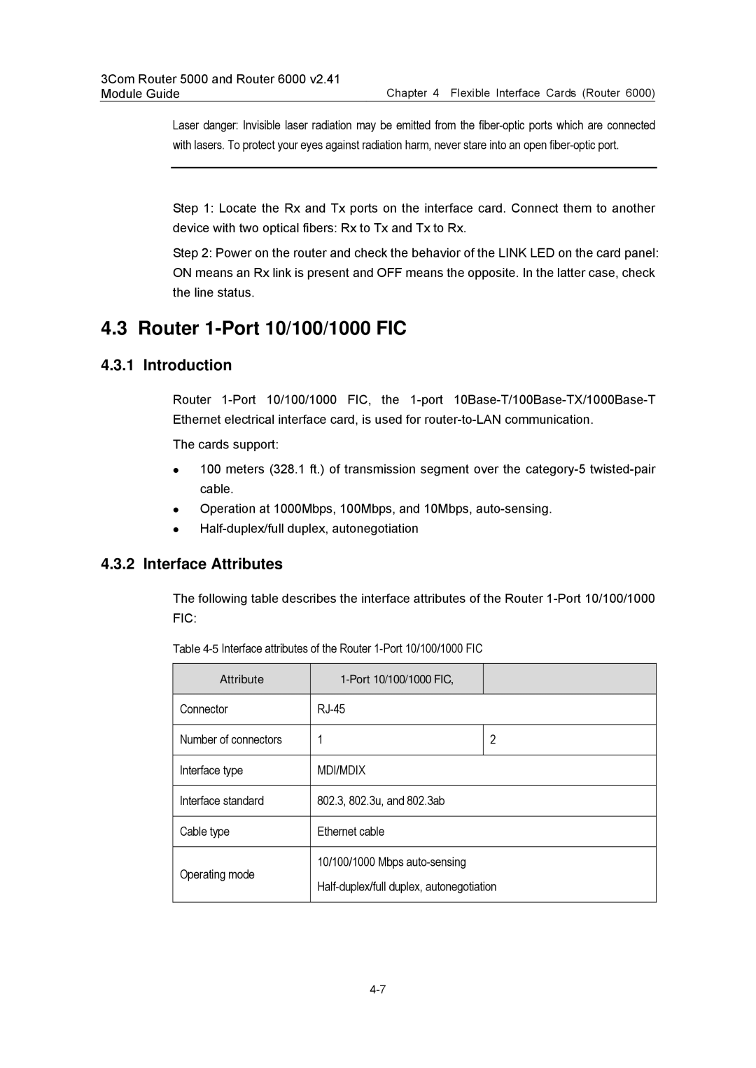 3Com 3C13840, 3C13759, 3C13701, 3C13880, 3C13751 manual Router 1-Port 10/100/1000 FIC, Attribute Port 10/100/1000 FIC 