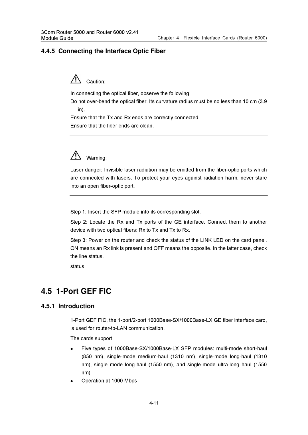 3Com 3C13701, 3C13759, 3C13880, 3C13840, 3C13751 manual Port GEF FIC, Connecting the Interface Optic Fiber 