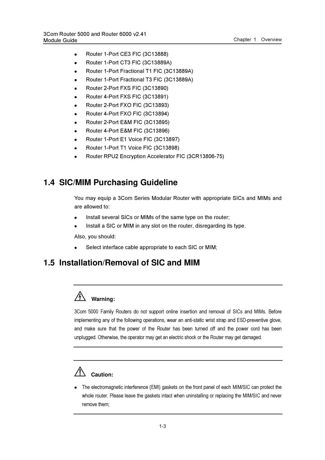 3Com 3C13701, 3C13759, 3C13880, 3C13840, 3C13751 manual SIC/MIM Purchasing Guideline, Installation/Removal of SIC and MIM 