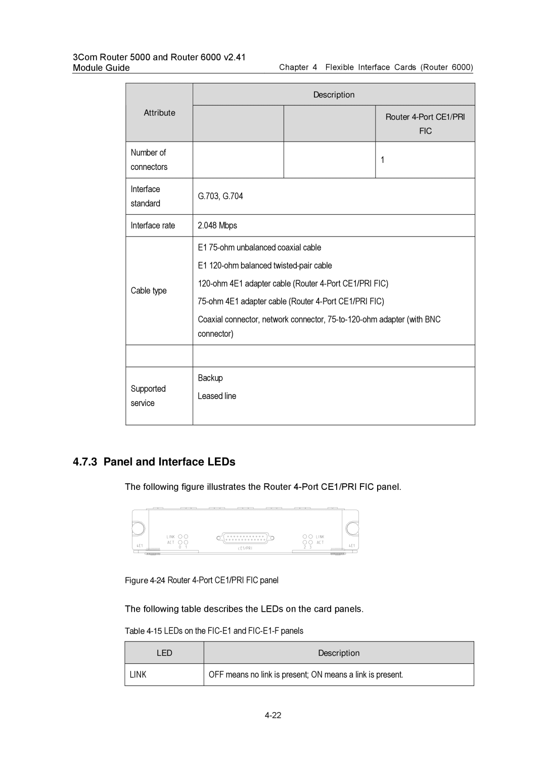 3Com 3C13759, 3C13701 Description Attribute Router 4-Port CE1/PRI, OFF means no link is present on means a link is present 