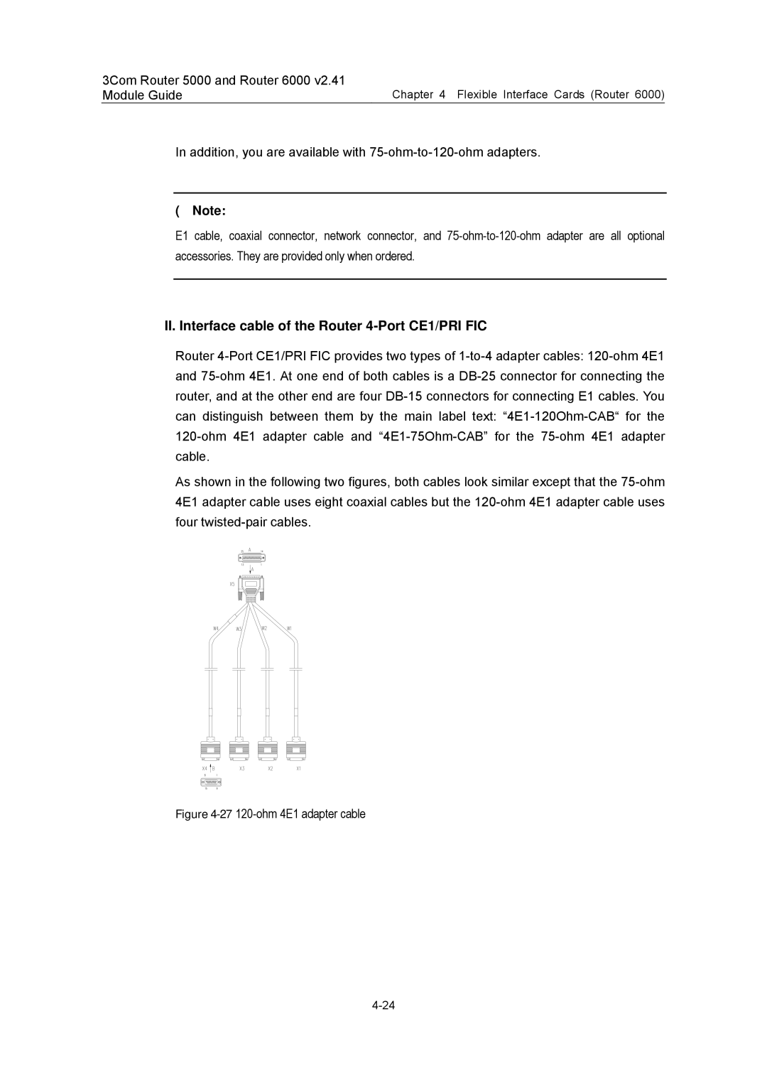 3Com 3C13880, 3C13759, 3C13701, 3C13840, 3C13751 II. Interface cable of the Router 4-Port CE1/PRI FIC, ohm 4E1 adapter cable 