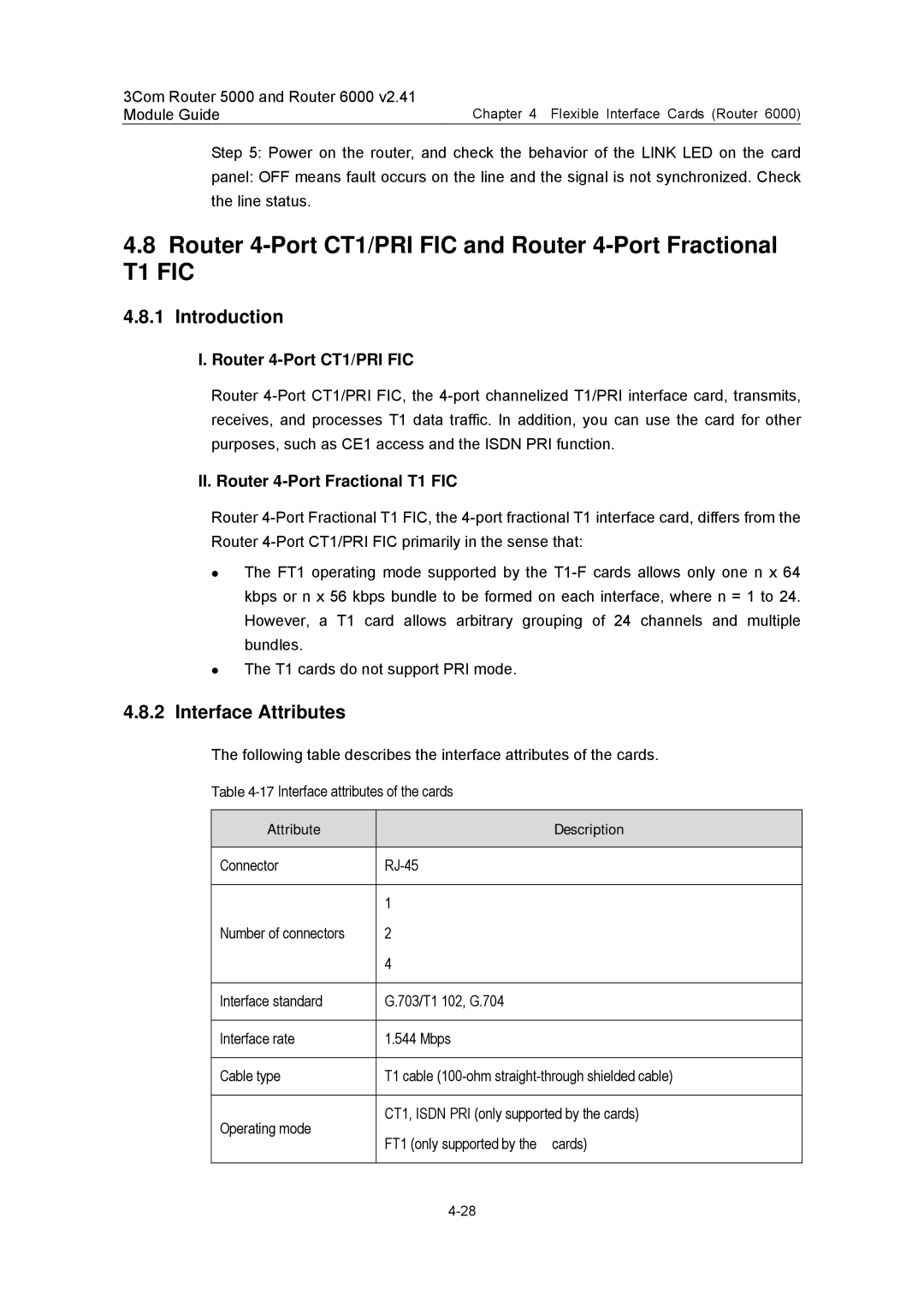 3Com 3C13759, 3C13701, 3C13880, 3C13840, 3C13751 manual Router 4-Port CT1/PRI FIC, II. Router 4-Port Fractional T1 FIC 