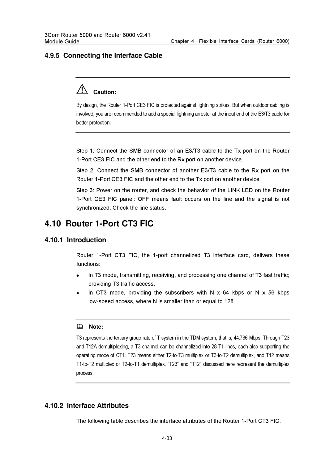 3Com 3C13701 3C13751 3C13755 3C13759 3C13840 3C13880 manual Router 1-Port CT3 FIC, Connecting the Interface Cable 