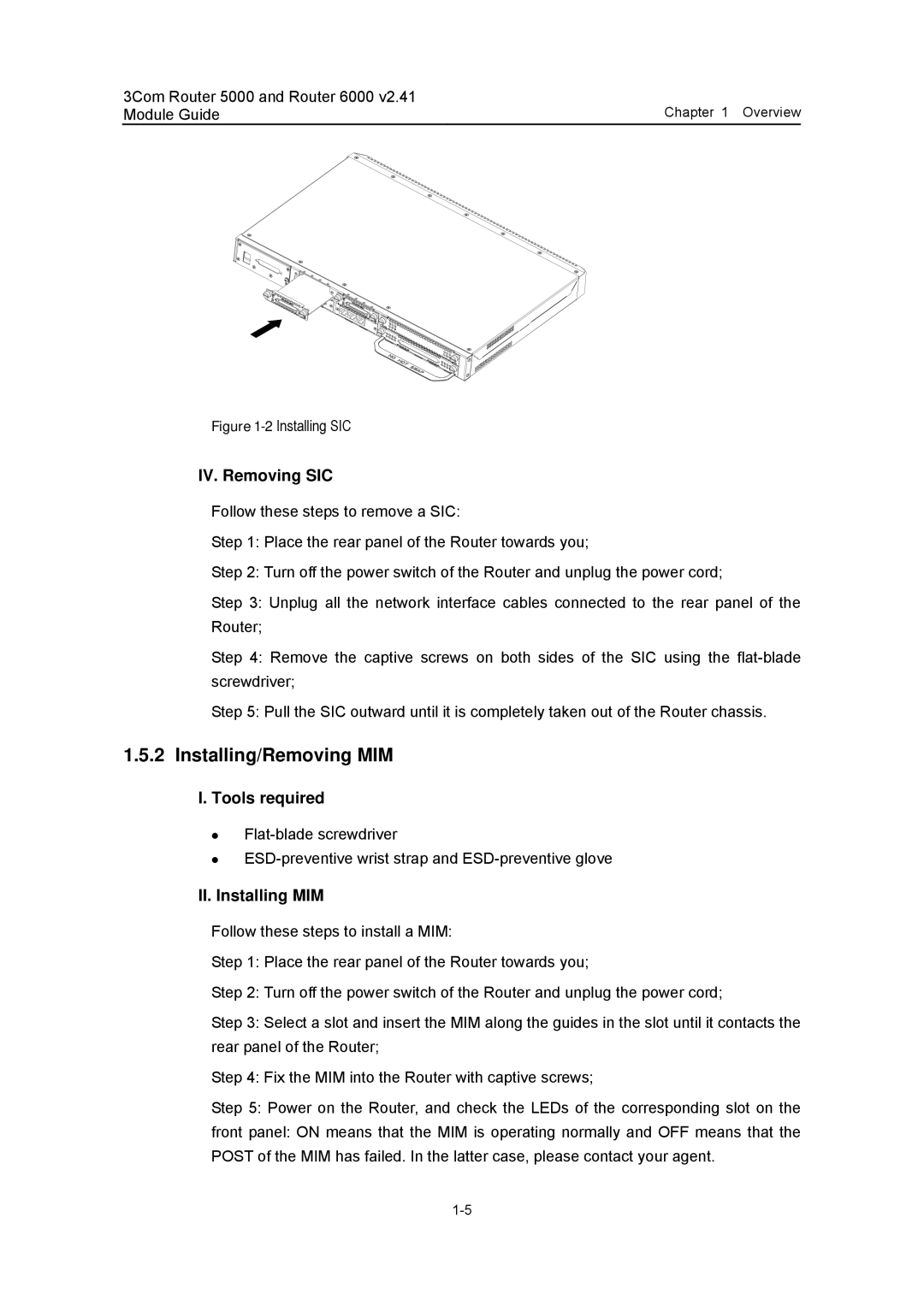 3Com 3C13840, 3C13759, 3C13701, 3C13880, 3C13751 manual Installing/Removing MIM, IV. Removing SIC, II. Installing MIM 