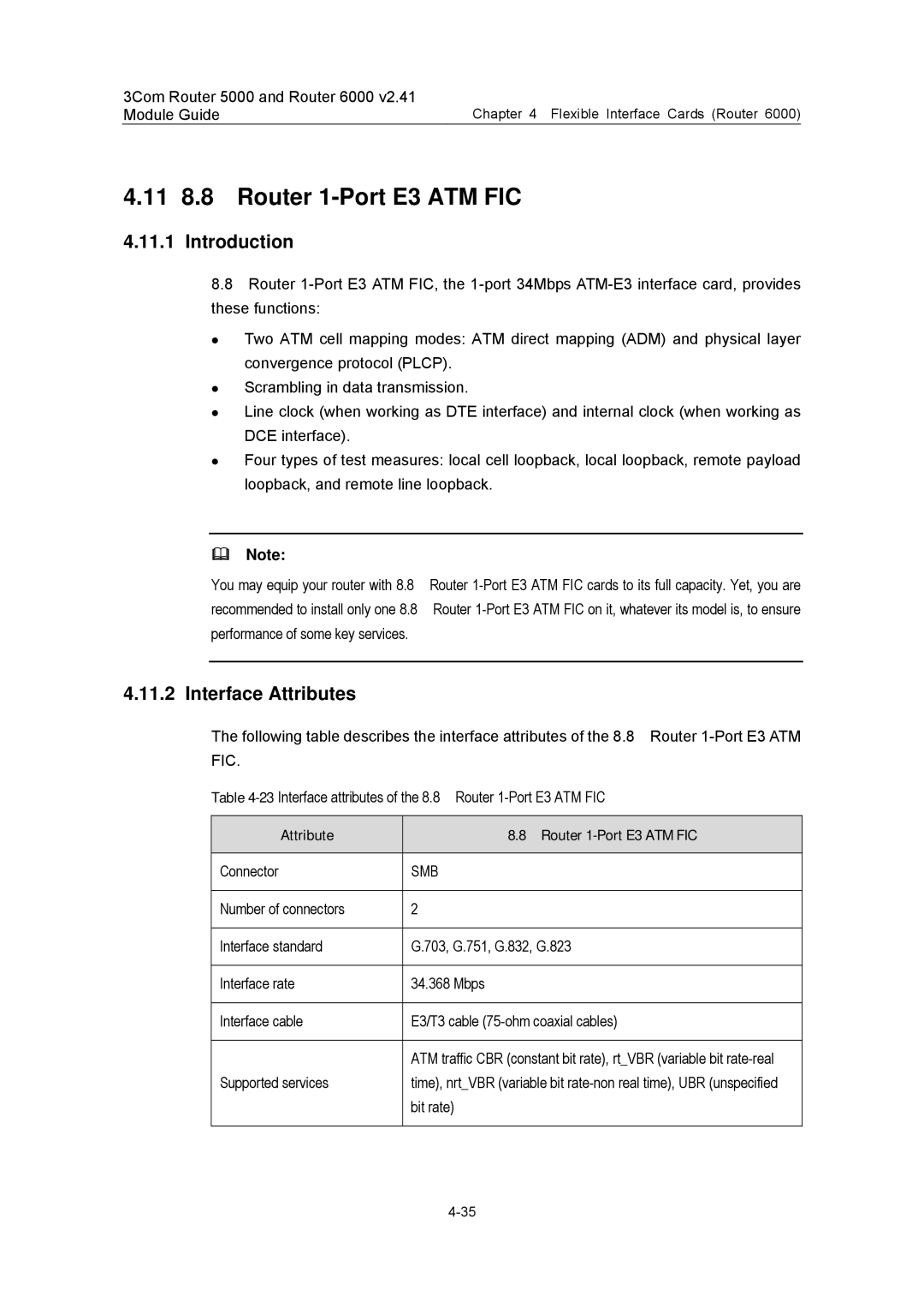 3Com 3C13701, 3C13759, 3C13880, 3C13840, 3C13751 manual 11 8.8 Router 1-Port E3 ATM FIC, Attribute Router 1-Port E3 ATM FIC 