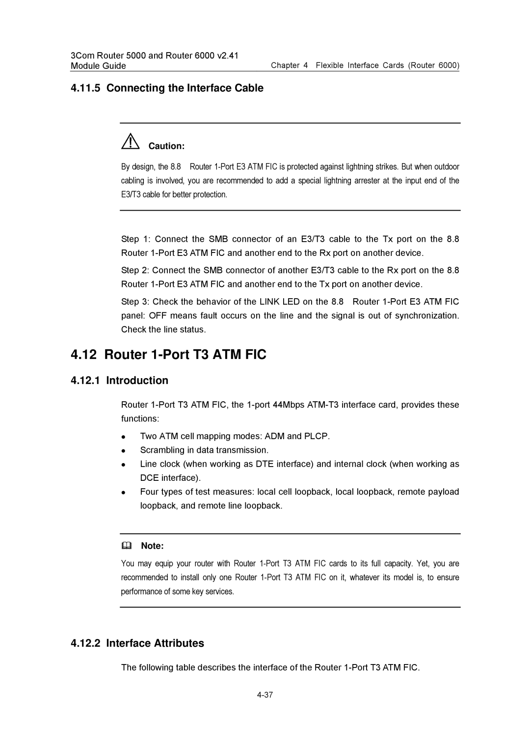 3Com 3C13840, 3C13759, 3C13701, 3C13880, 3C13751 manual Router 1-Port T3 ATM FIC, Connecting the Interface Cable 