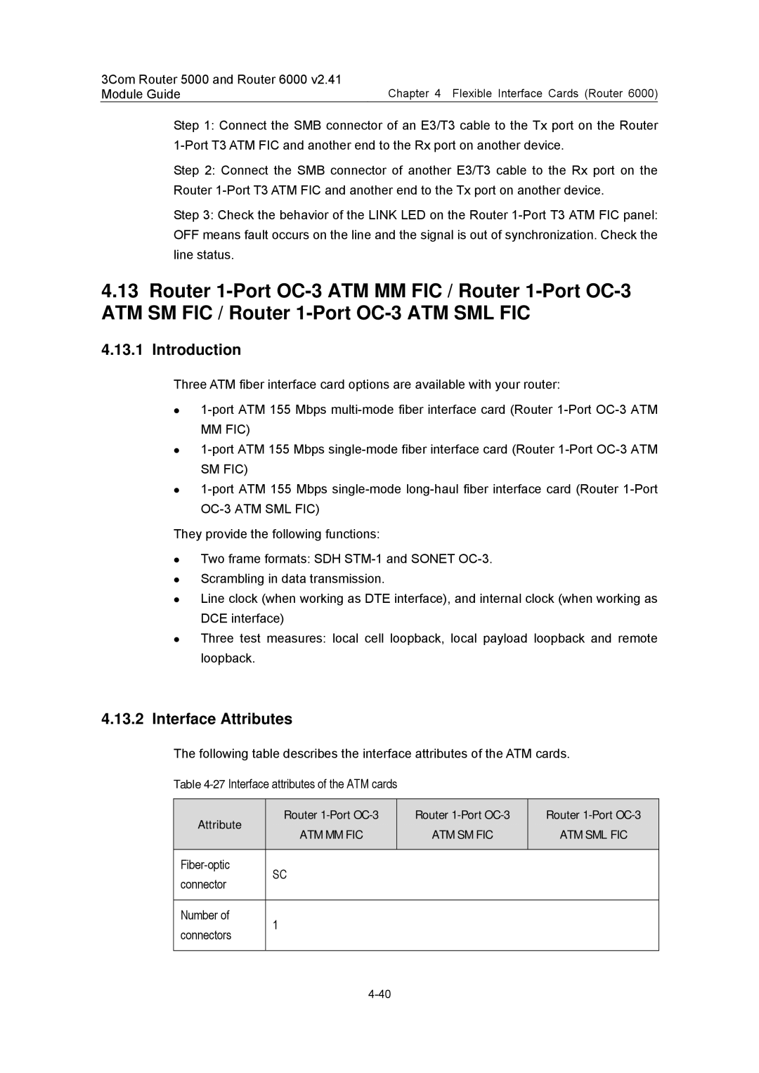 3Com 3C13759, 3C13701, 3C13880, 3C13840, 3C13751 manual Attribute Router 1-Port OC-3, Fiber-optic Connector Number Connectors 