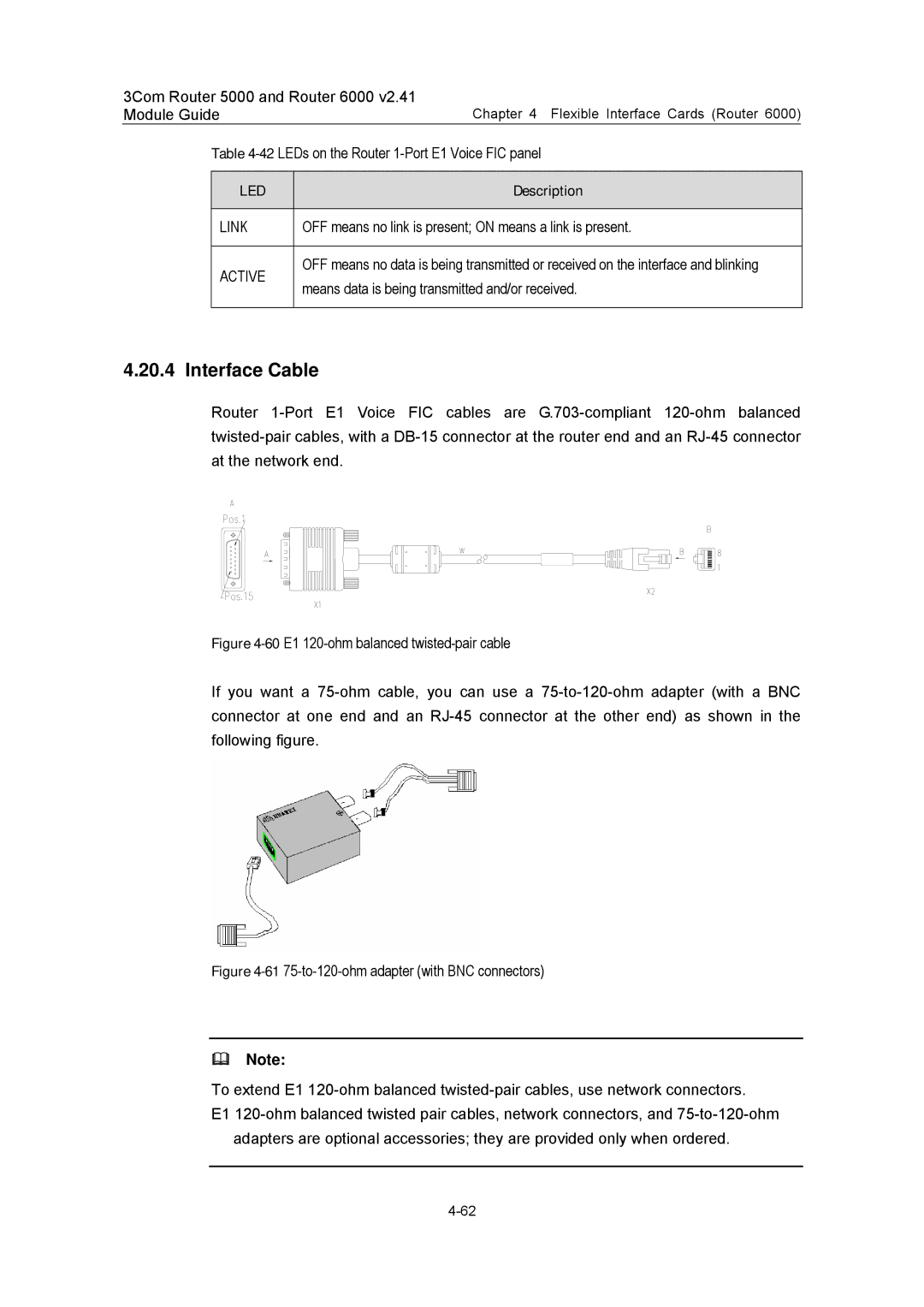 3Com 3C13751, 3C13759, 3C13701, 3C13880, 3C13840 manual 42LEDs on the Router 1-Port E1 Voice FIC panel 