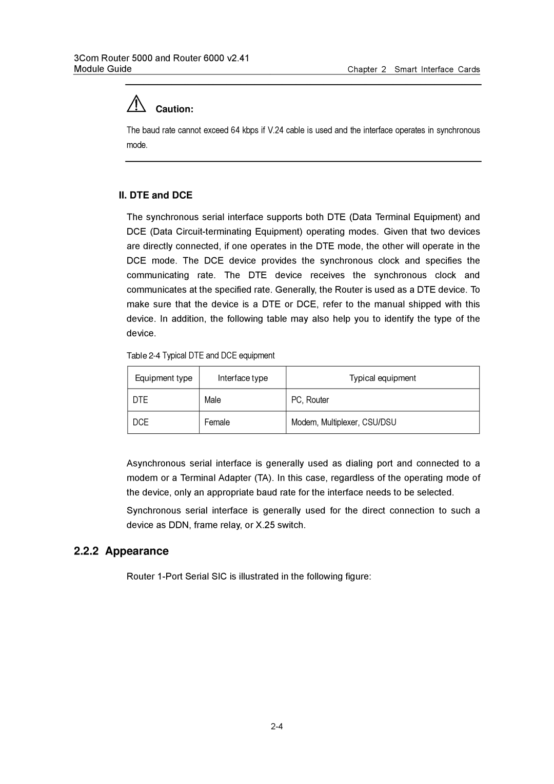 3Com 3C13840, 3C13759, 3C13701 manual Appearance, II. DTE and DCE, Equipment type Interface type Typical equipment, Dte, Dce 