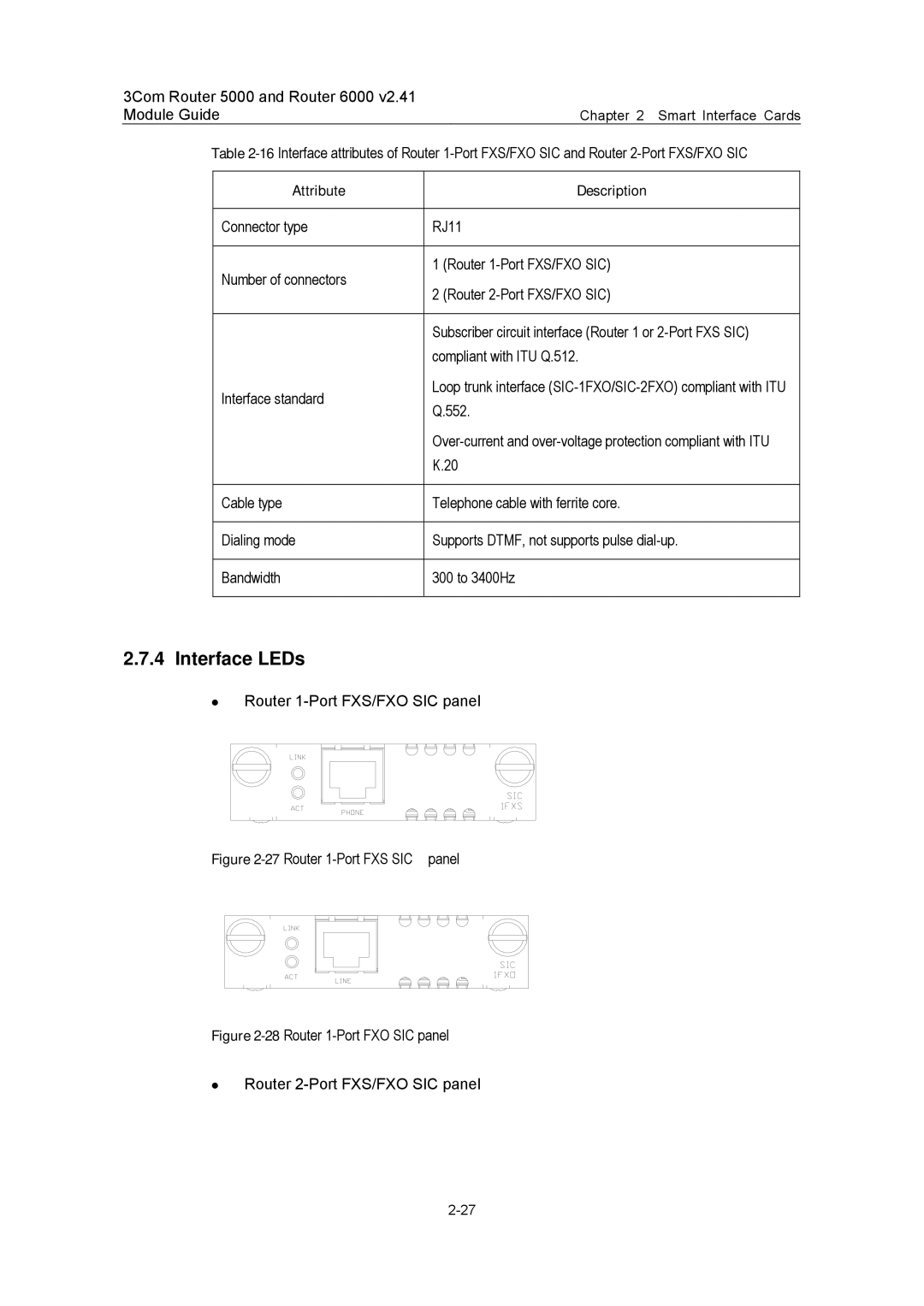 3Com 3C13880, 3C13759, 3C13701, 3C13840, 3C13751 manual 27Router 1-Port FXS SIC panel 