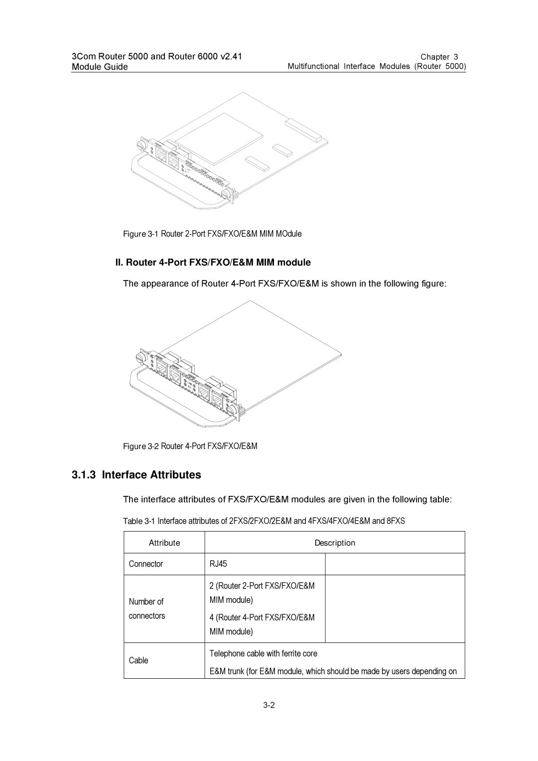 3Com 3C13701 3C13751 3C13755 3C13759 3C13840 3C13880 manual II. Router 4-Port FXS/FXO/E&M MIM module 