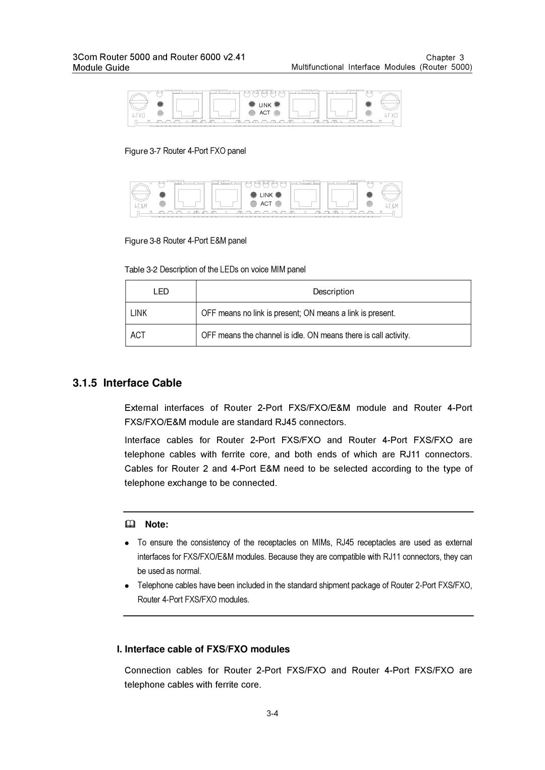 3Com 3C13701, 3C13759, 3C13880, 3C13840, 3C13751 manual Interface cable of FXS/FXO modules, 7Router 4-Port FXO panel 