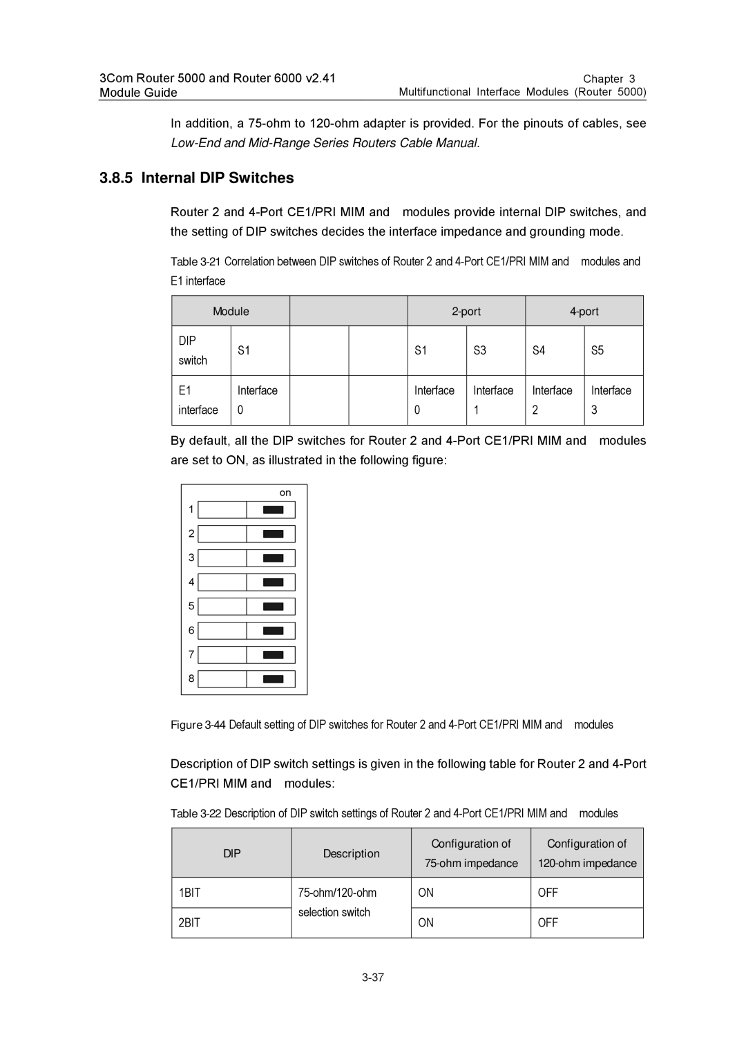 3Com 3C13701 3C13751 3C13755 3C13759 3C13840 3C13880 manual Internal DIP Switches 