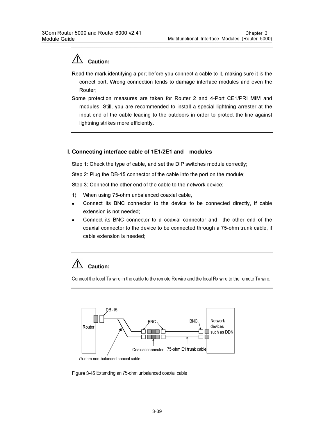 3Com 3C13759, 3C13701 Connecting interface cable of 1E1/2E1 and modules, 45Extending an 75-ohm unbalanced coaxial cable 