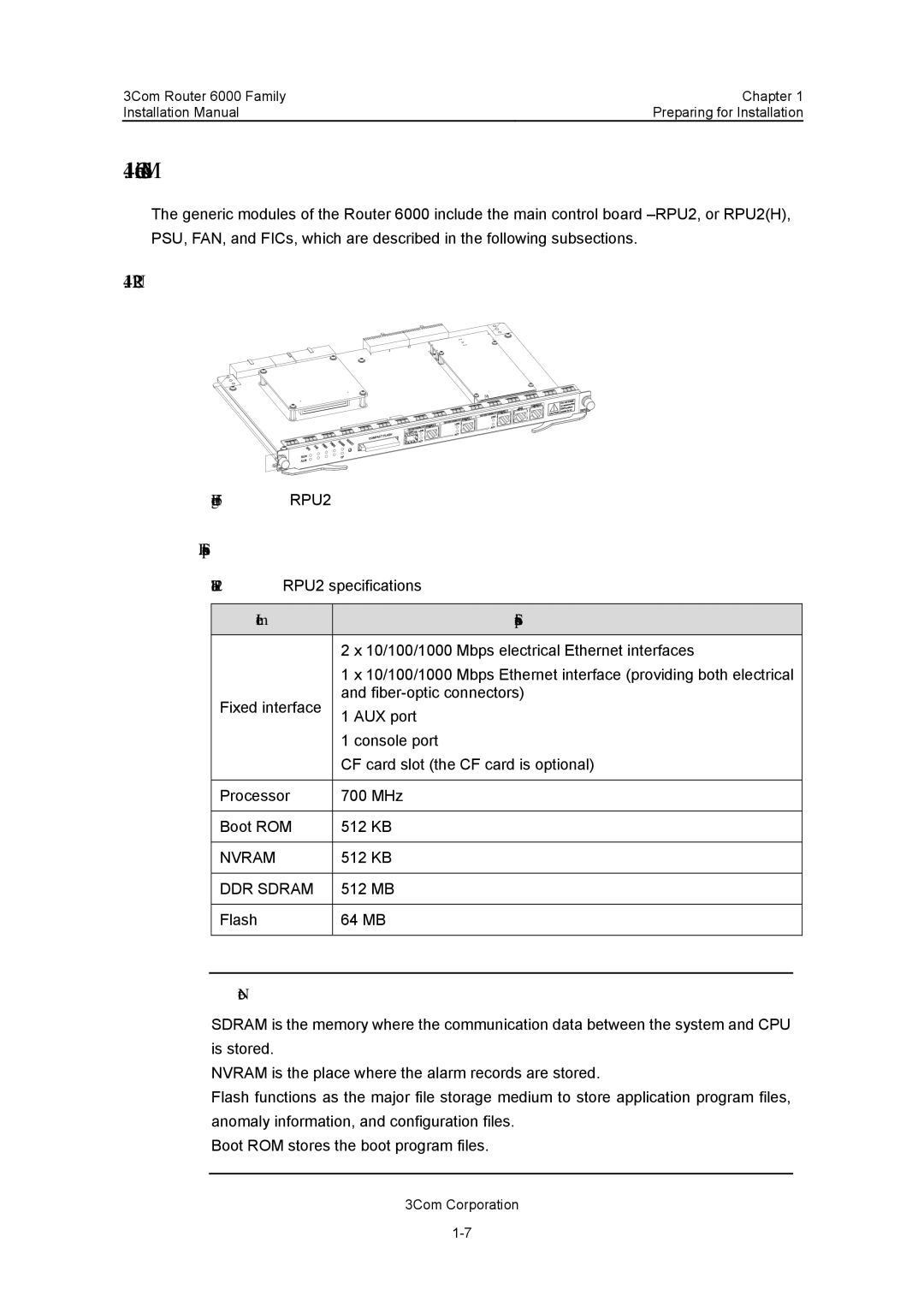 3Com 3C13840, 3C13880 manual Generic Modules, 1 RPU2, Specifications 