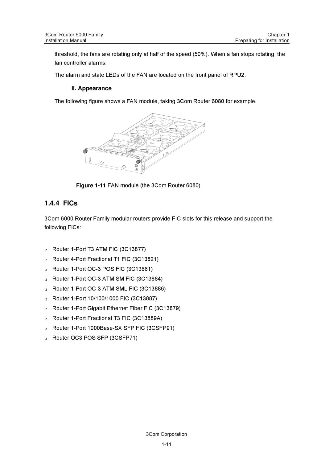 3Com 3C13840, 3C13880 manual FICs, 11FAN module the 3Com Router 