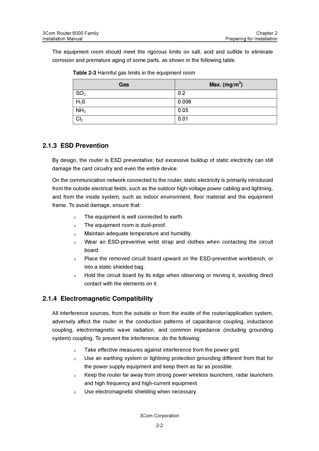 3Com 3C13840, 3C13880 manual ESD Prevention, Electromagnetic Compatibility, Gas Max. mg/m 