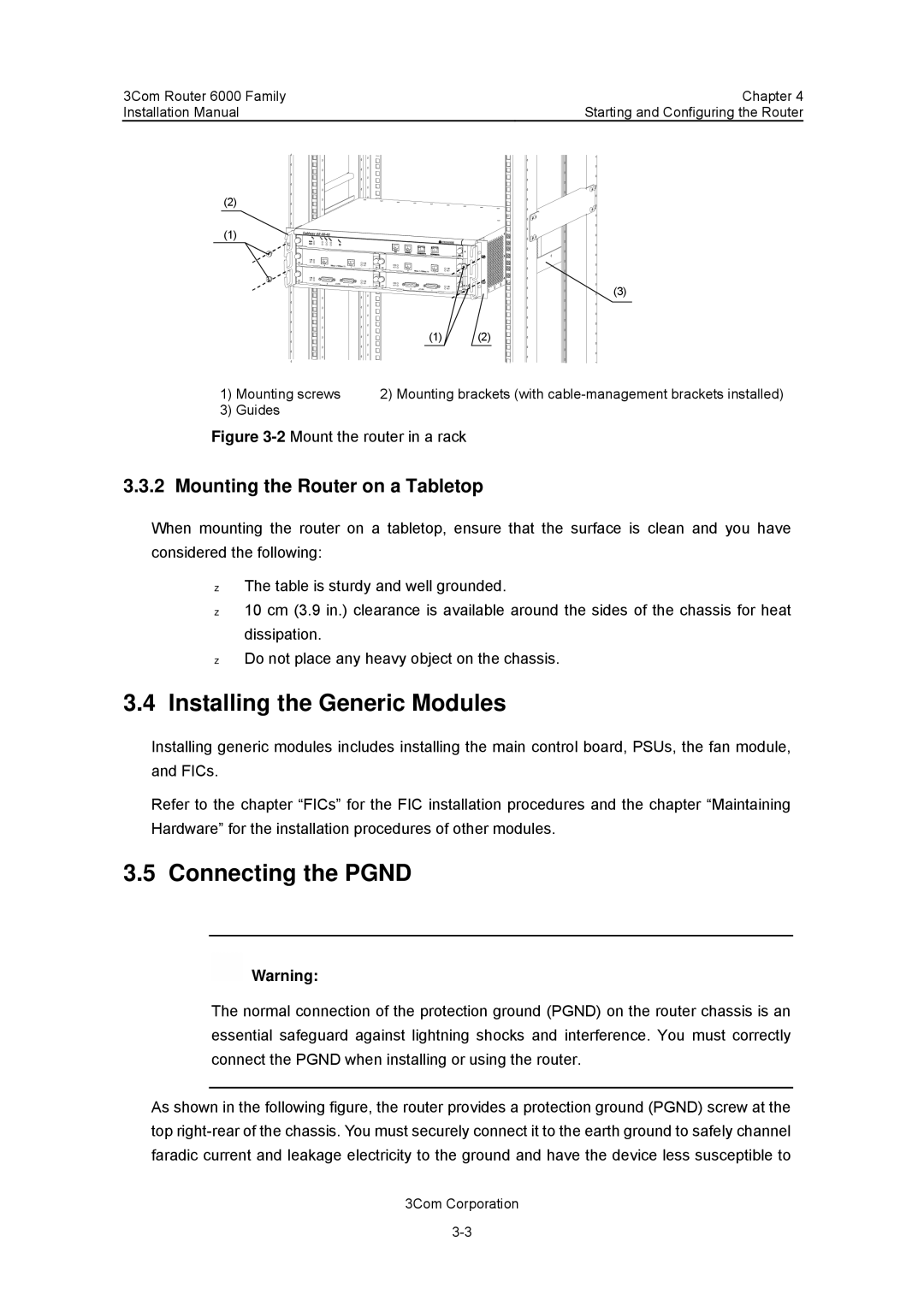 3Com 3C13840, 3C13880 manual Installing the Generic Modules, Connecting the Pgnd, Mounting the Router on a Tabletop 