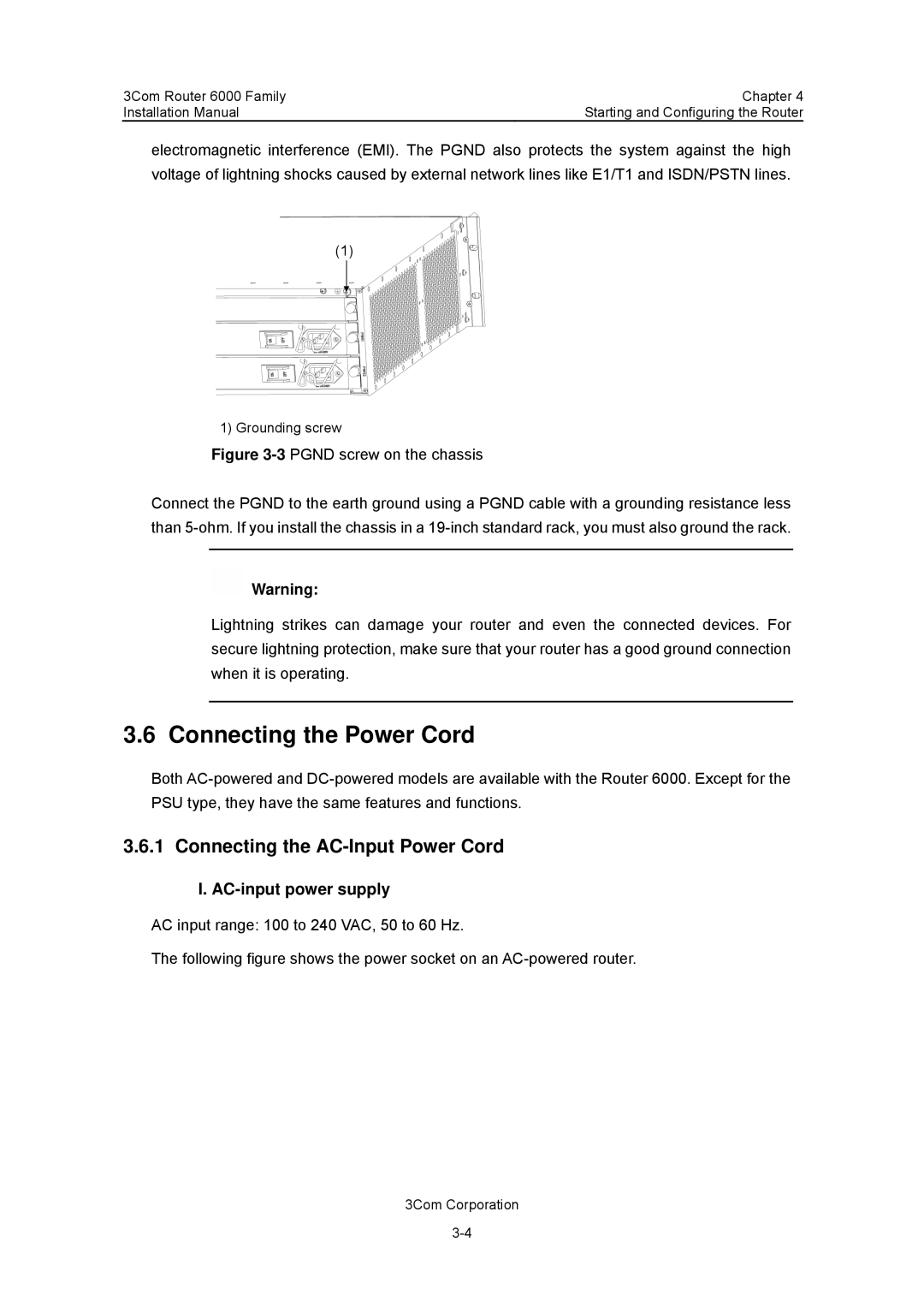 3Com 3C13880, 3C13840 manual Connecting the Power Cord, Connecting the AC-Input Power Cord, AC-input power supply 