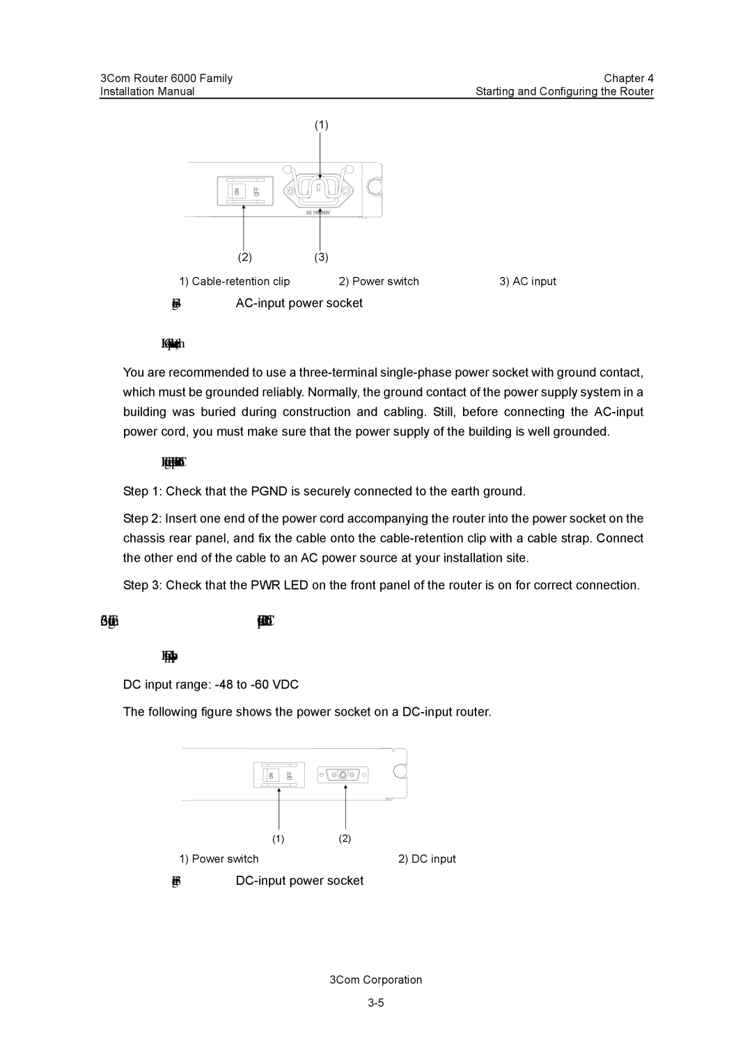 3Com 3C13840 Connecting the DC-Input Power Cord, II. AC power socket recommended, III. Connecting the AC-input Power Cord 