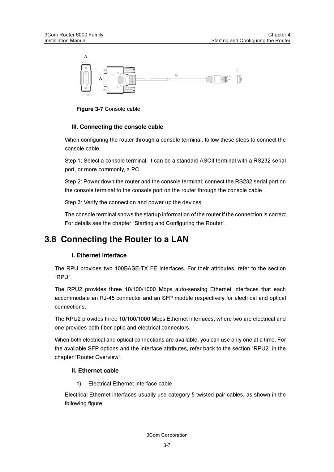 3Com 3C13840 Connecting the Router to a LAN, III. Connecting the console cable, Ethernet interface, II. Ethernet cable 