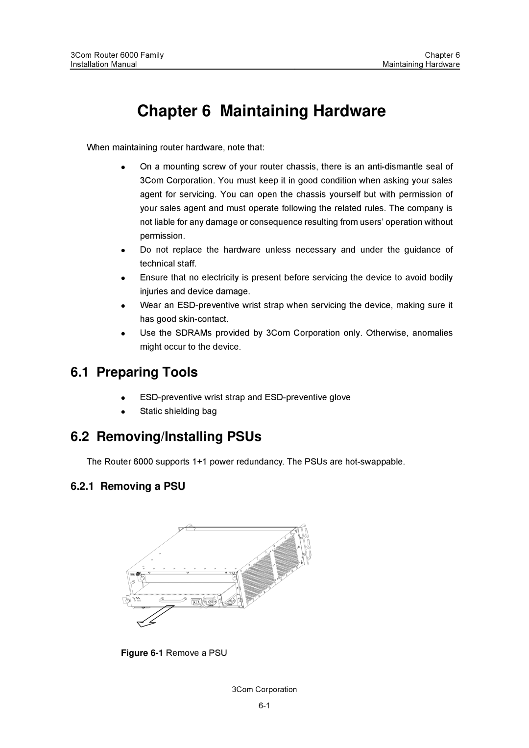 3Com 3C13880, 3C13840 manual Maintaining Hardware, Preparing Tools, Removing/Installing PSUs, Removing a PSU 