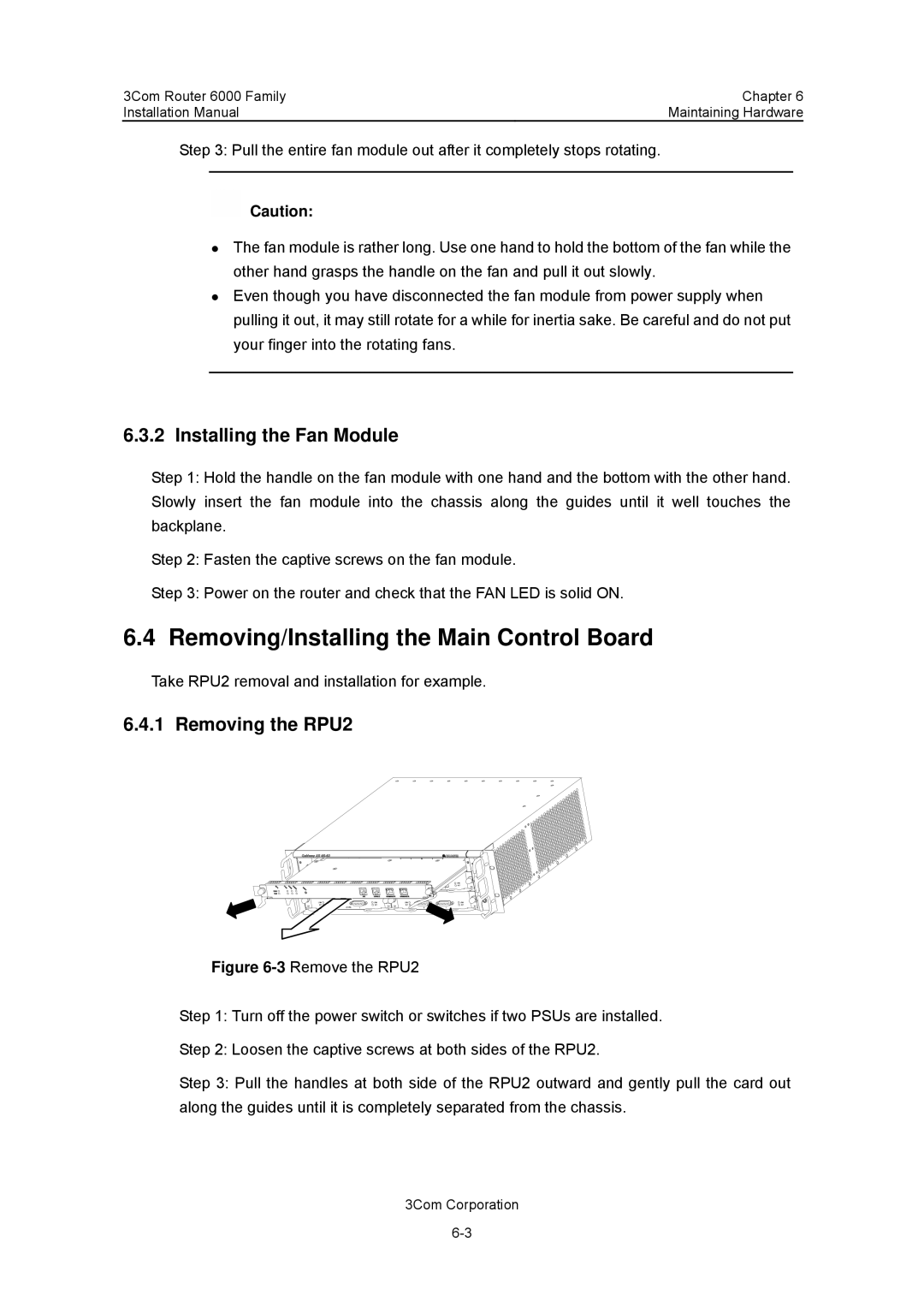 3Com 3C13880, 3C13840 manual Removing/Installing the Main Control Board, Installing the Fan Module, Removing the RPU2 