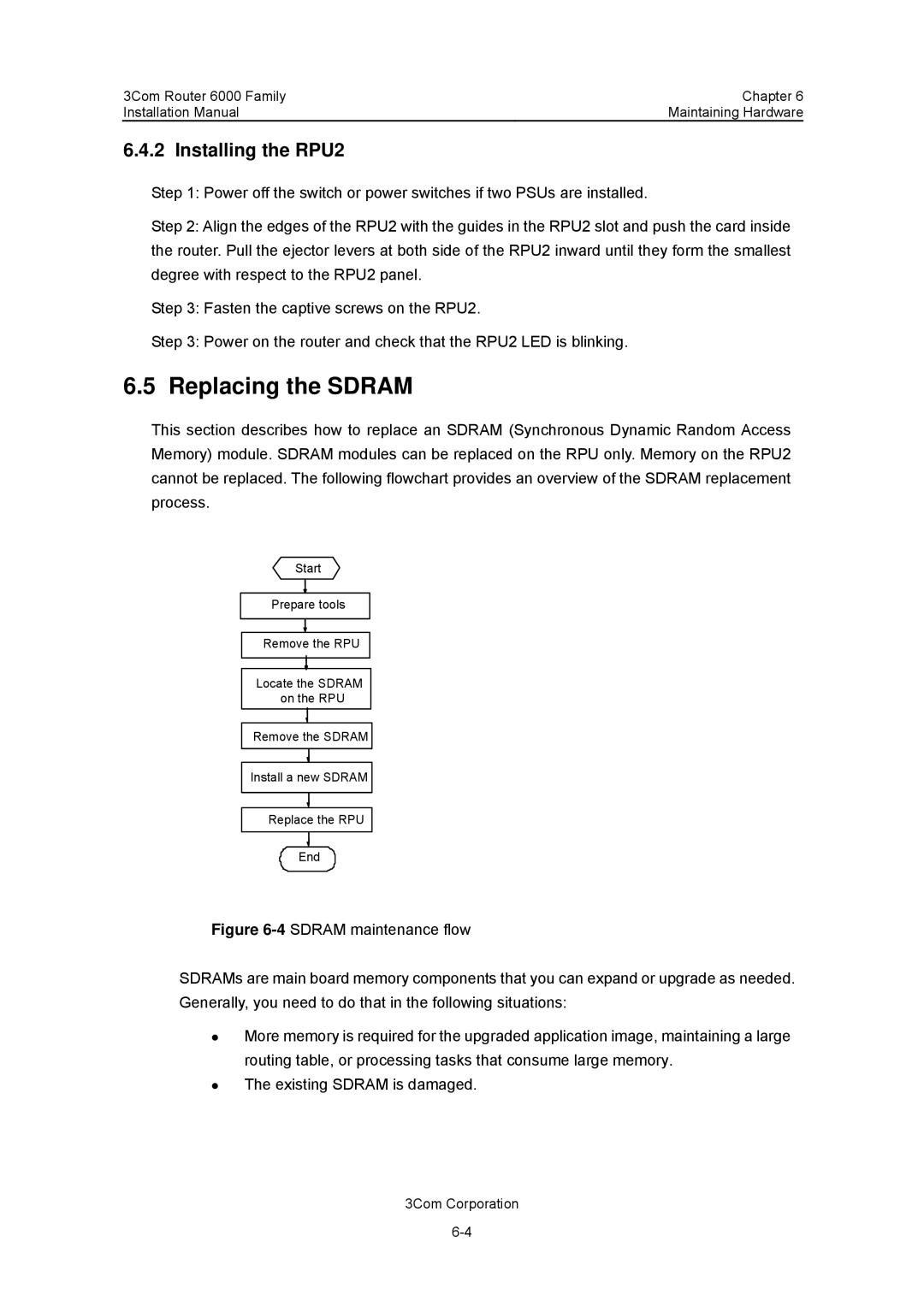 3Com 3C13840, 3C13880 manual Replacing the Sdram, Installing the RPU2 