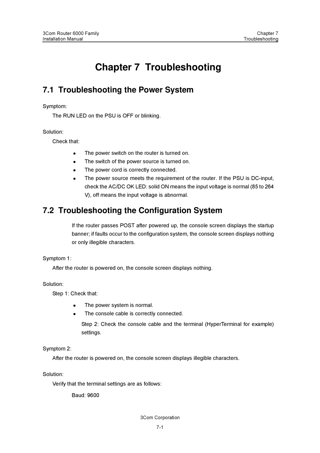 3Com 3C13840, 3C13880 manual Troubleshooting the Power System, Troubleshooting the Configuration System 